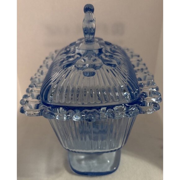 Footed 5” Blue  Candy Dish & Lid Lace Edge Ribbed Indiana Glass Vintage - Picture 3 of 6